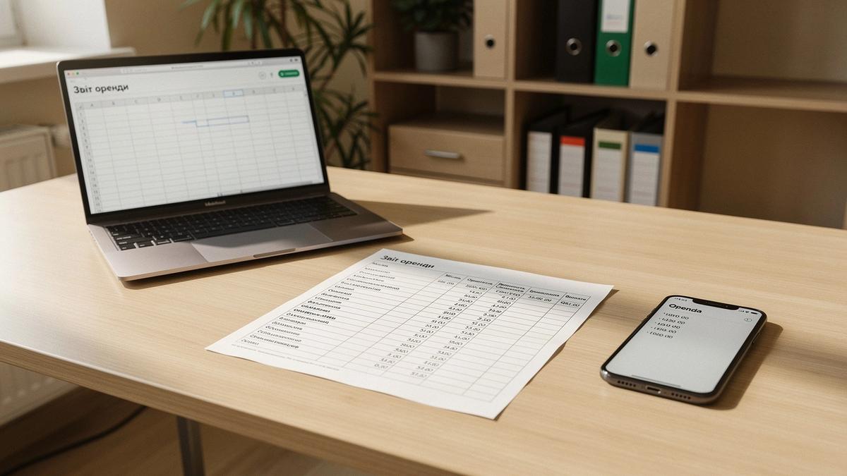 Rental manager reviewing a monthly payout ledger at a desk in Kyiv