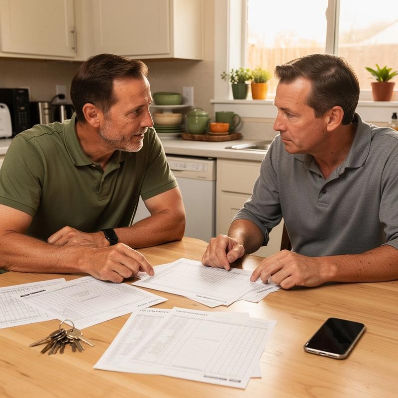 Apartment owner and property manager reviewing a rental ledger and apartment keys at a kitchen table